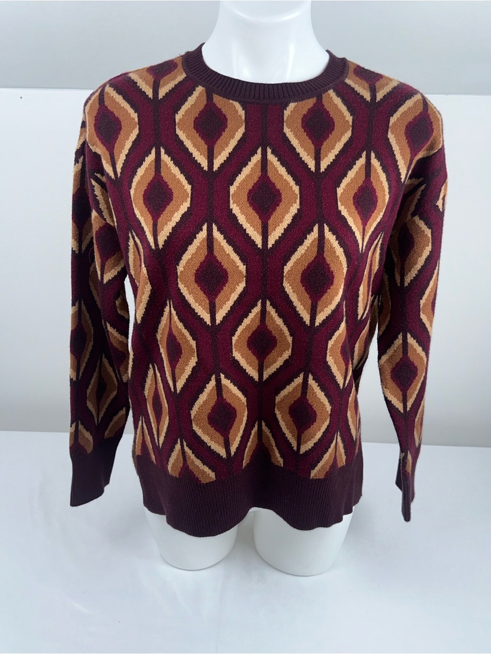DR2 Daniel Rainn Intarsia Rust/Berry Geometric Crewneck Sweater